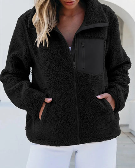 Zip Up Long Sleeve Plush Jacket Black
