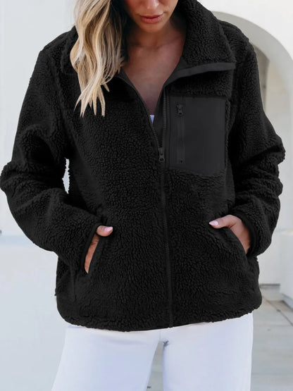 Zip Up Long Sleeve Plush Jacket Black