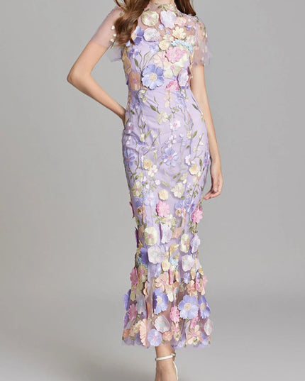 Floral Embroidered Mesh Overlay Maxi Dress