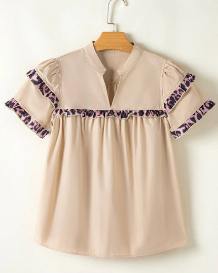 Leopard Frill Short Sleeve Blouse