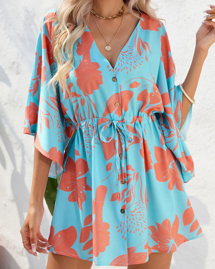 Color Block Drawstring Waist Button Up Dress