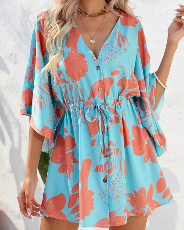 Color Block Drawstring Waist Button Up Dress