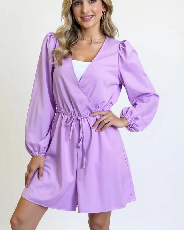 Double Take Full Size Drawstring Long Sleeve Romper Lavender