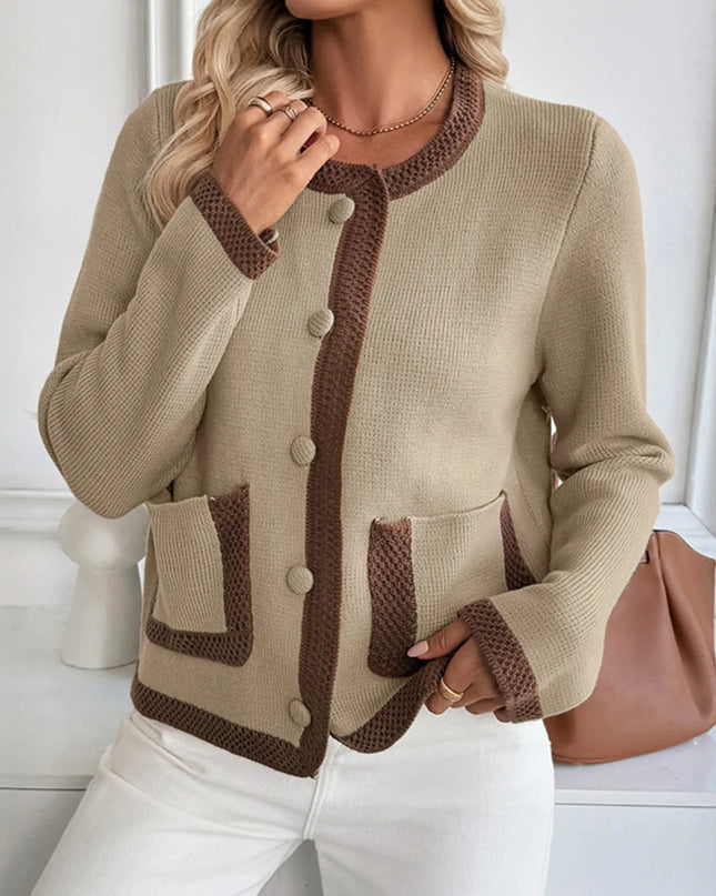 Button-Front Cardigan with Contrast Trim