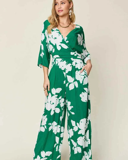 Double Take Full Size Printed Tie Back Wide Leg Jumpsuit