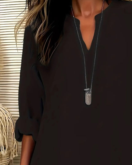 Notched Long Sleeve Casual Blouse