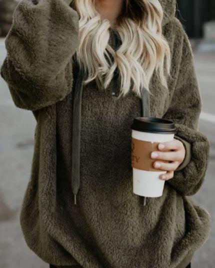 Full Size Quarter-Zip Drawstring Teddy Hoodie Dark Green