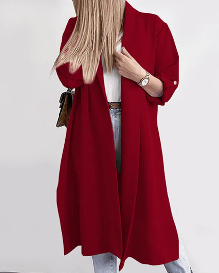 Slit Open Front Roll-Tab Sleeve Trench Coat 