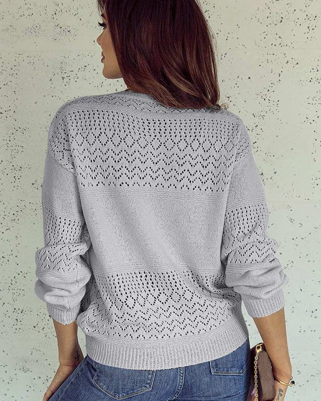 Eyelet Deatil V-Neck Long Sleeve Sweater