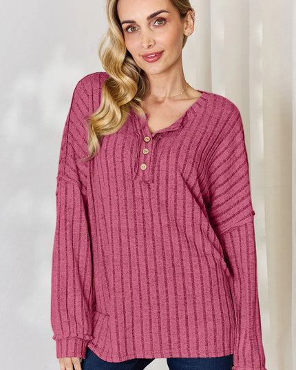 Basic Bae Full Size Ribbed Half Button Long Sleeve T-Shirt Hot Pink