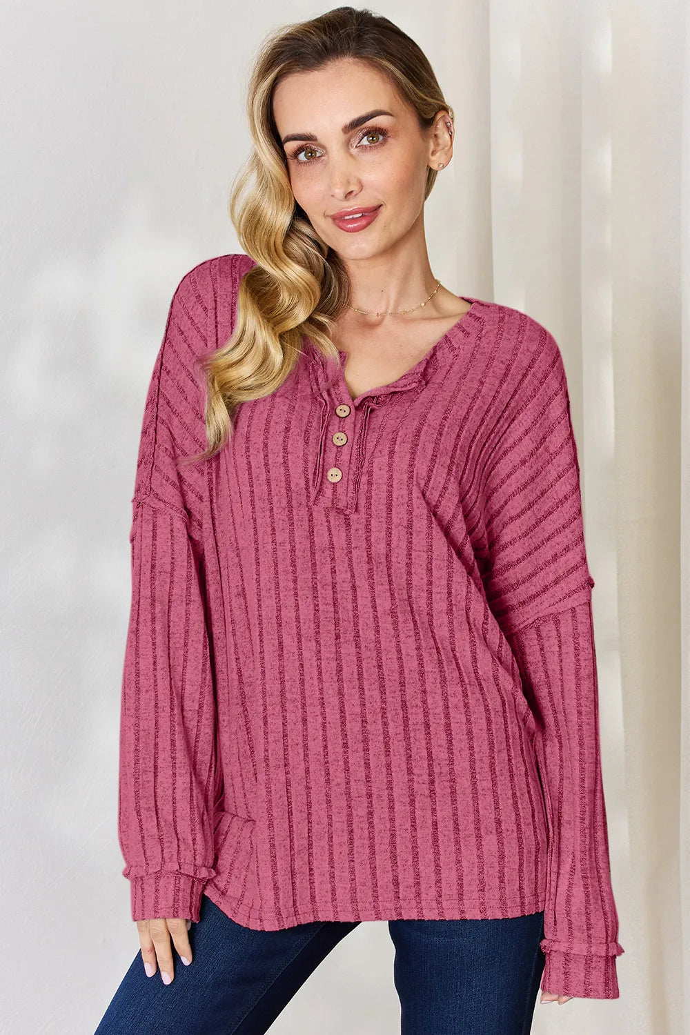 Basic Bae Full Size Ribbed Half Button Long Sleeve T-Shirt Hot Pink