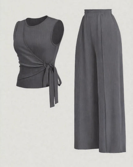 Side Tie Round Neck Tank and Pants Set Dark Gray