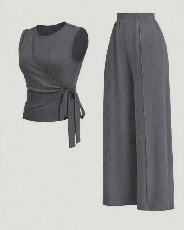 Side Tie Round Neck Tank and Pants Set Dark Gray