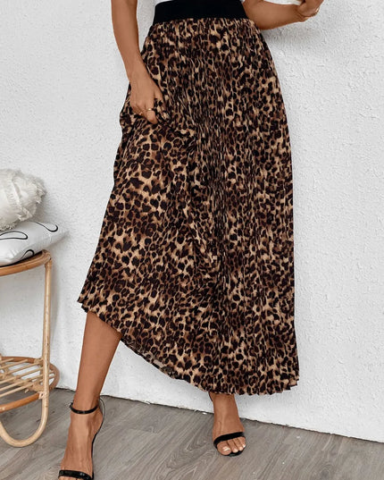Perfee Pleated Leopard Maxi Skirt 