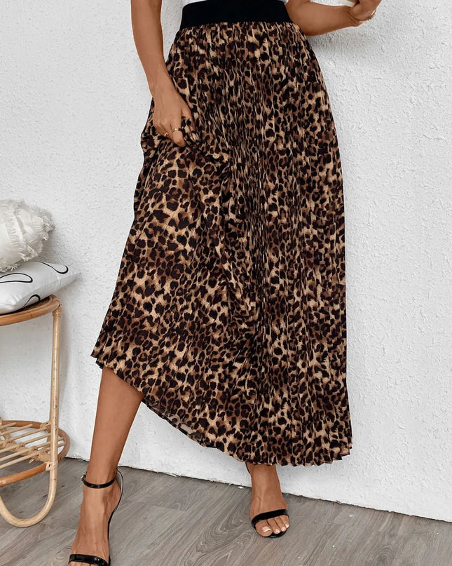 Perfee Pleated Leopard Maxi Skirt 
