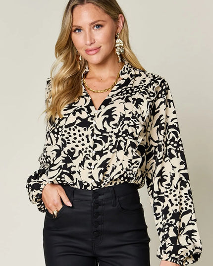Double Take Full Size Printed Ruffle Trim Balloon Sleeve Shirt Black