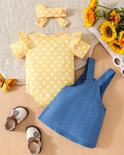 Children's Polka Dot Bodysuit & Denim Overall Dress & Headband Set