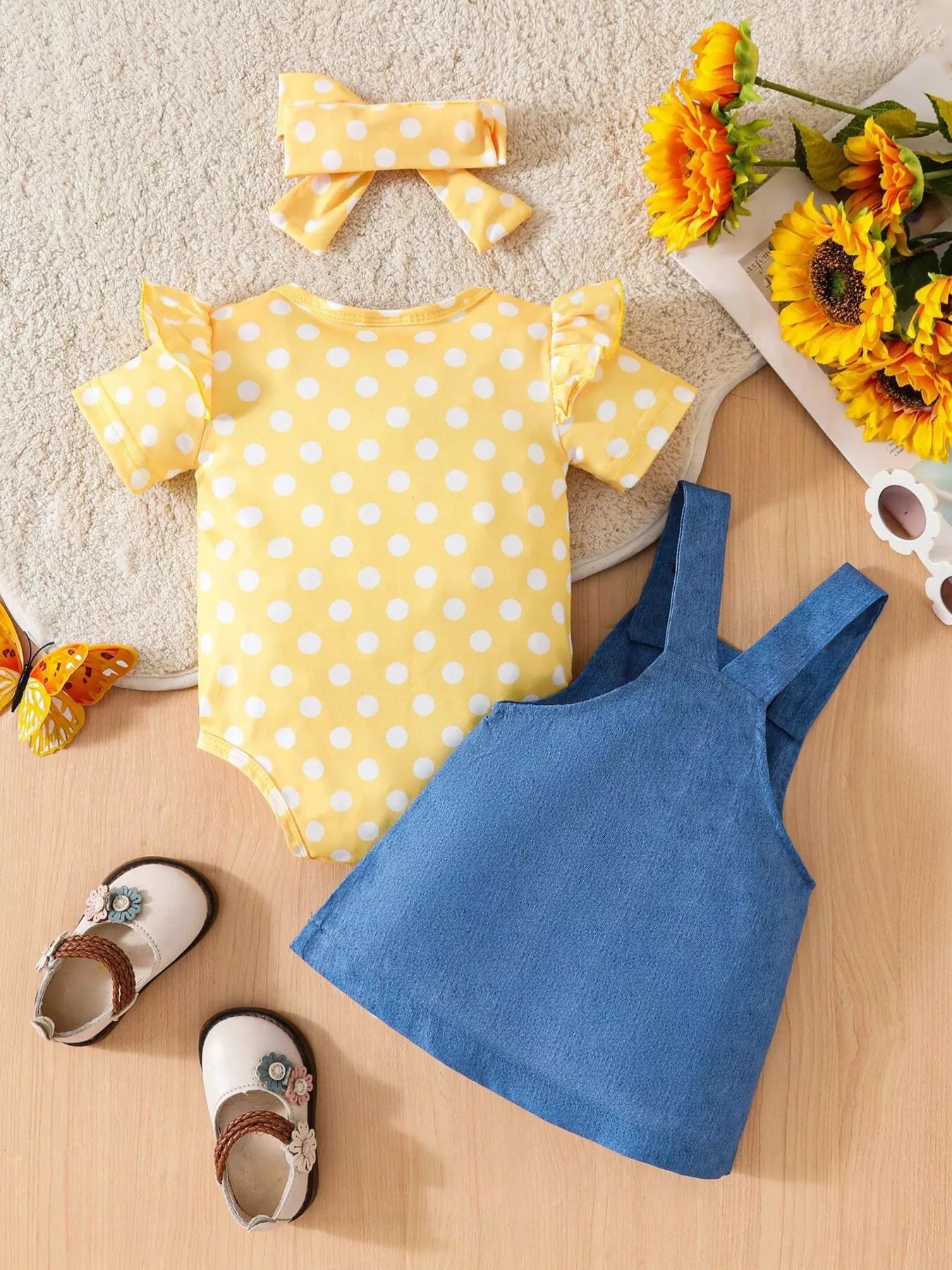 Children's Polka Dot Bodysuit & Denim Overall Dress & Headband Set