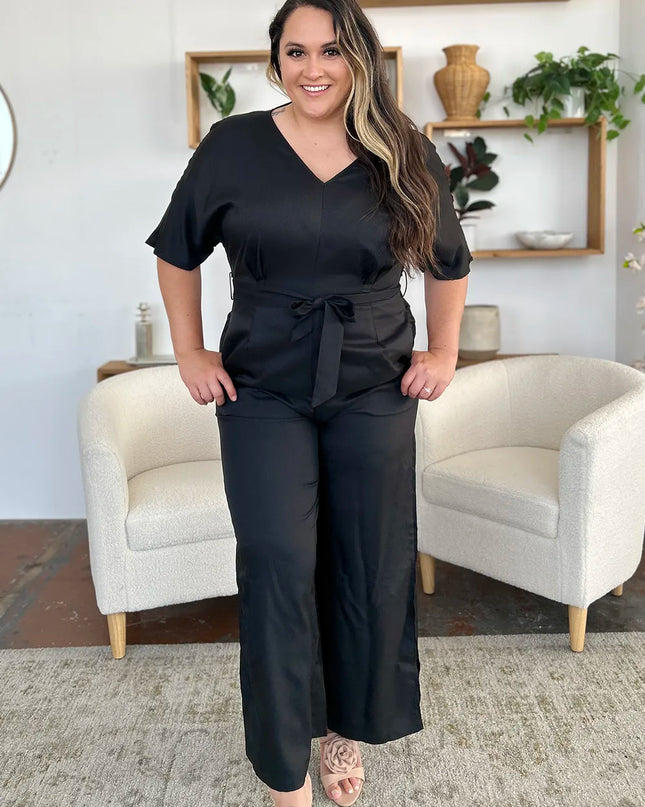 Double Take Full Size V-Neck Tied Side Slit Jumpsuit