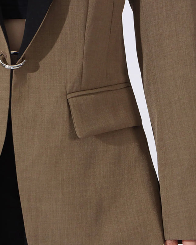 Contrast Lapel Collar Long Sleeve Blazer