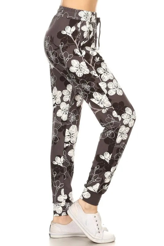 Leggings Depot Full Size Buttery Soft Floral Joggers with Drawstring Plus Size
