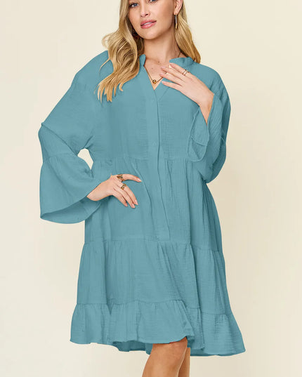 Double Take Full Size Texture Button Up Ruffle Hem Dress Cerulean