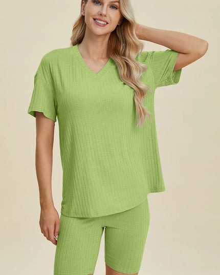Basic Bae Full Size Ribbed V-Neck Short Sleeve Top and Shorts Set