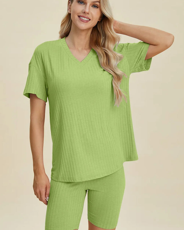 Basic Bae Full Size Ribbed V-Neck Short Sleeve Top and Shorts Set