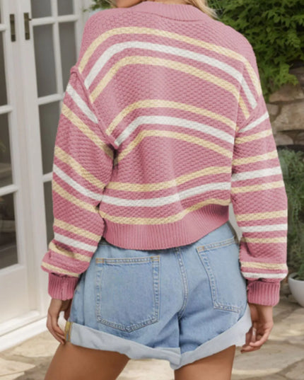 Striped Button-Up Cropped Cardigan with Relaxed Fit