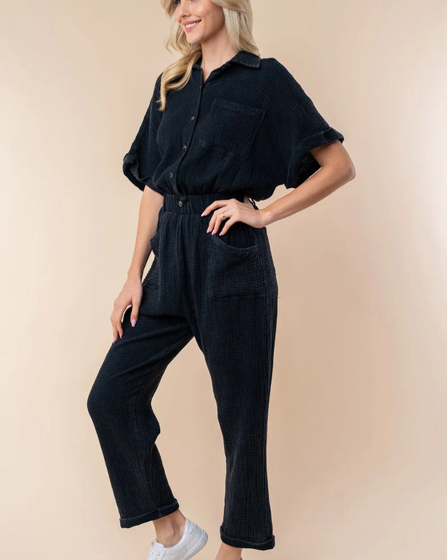 White Birch Texture Short Sleeve Jumpsuit