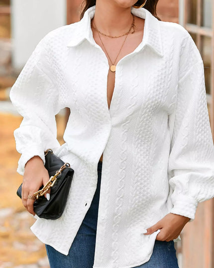 Cable Texture Puff Sleeve Loose Shacket White