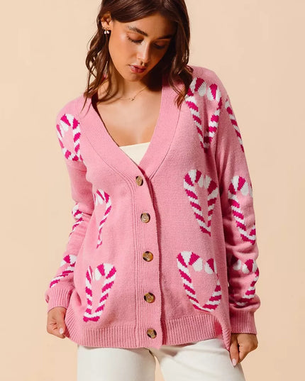 SO ME Christmas Candy Cane Button Front Sweater Cardigan PINK