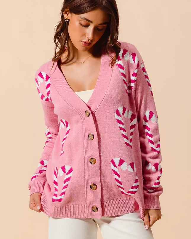 SO ME Christmas Candy Cane Button Front Sweater Cardigan PINK