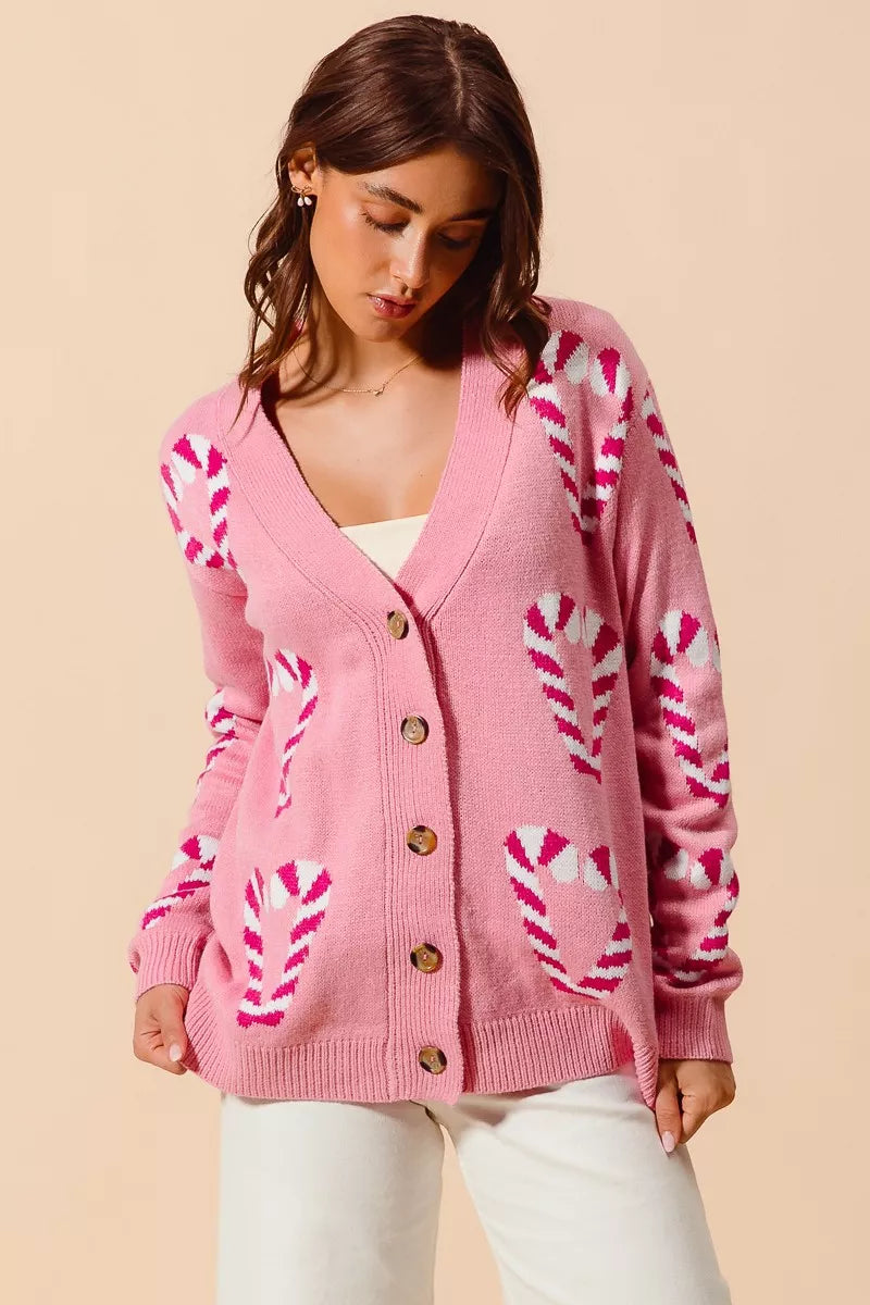 SO ME Christmas Candy Cane Button Front Sweater Cardigan PINK