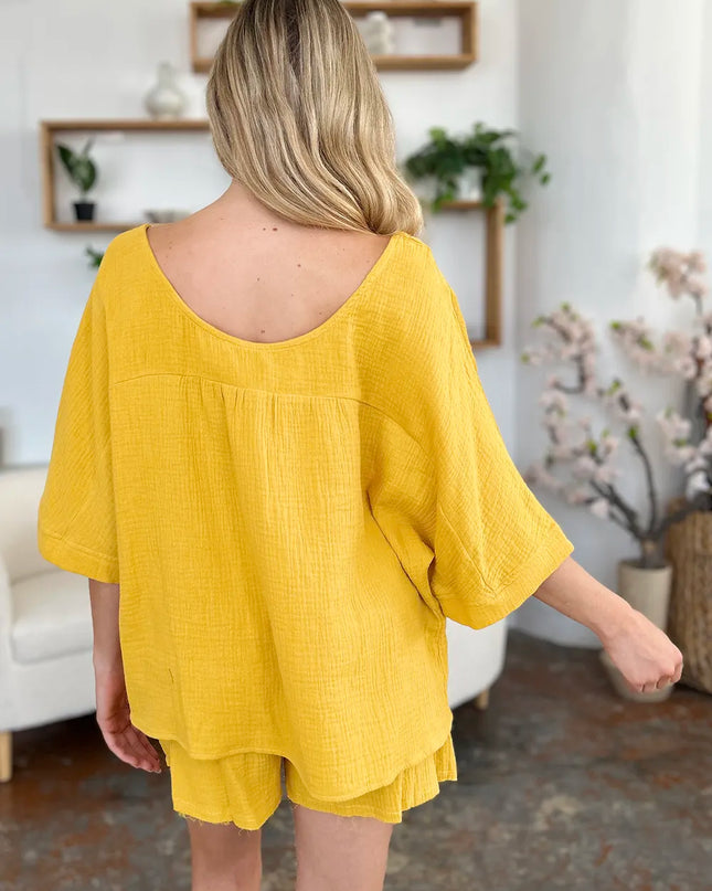 Double Take Texture Half Sleeve T-Shirt and Drawstring Shorts Set