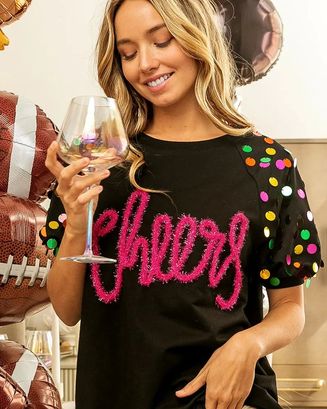 BiBi Metallic Letter Spangle Raglan Puff Sleeve Top