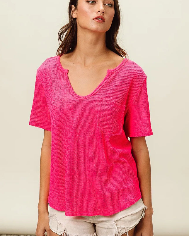 BiBi Waved Rib U Neck Top With Front Pocket