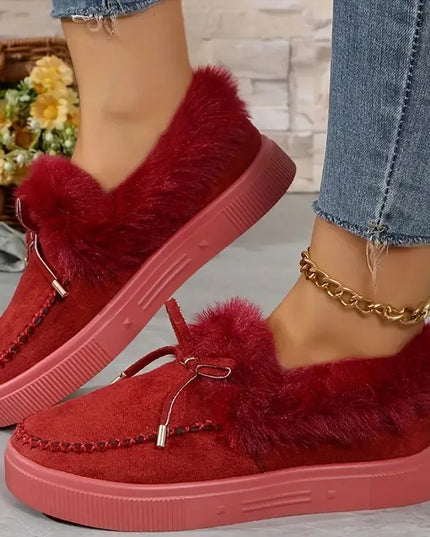 Bow Furry Round Toe Flat Slip-Ons