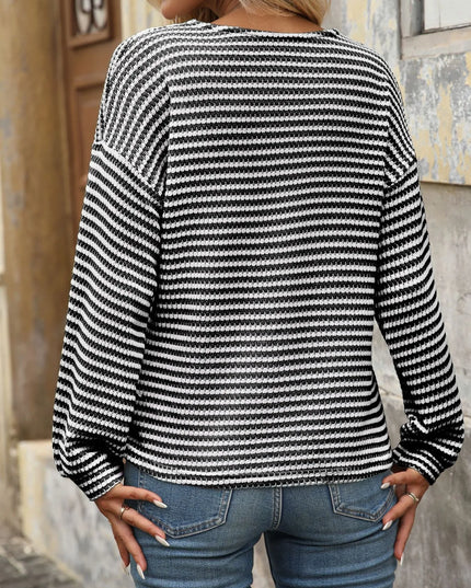 Striped V-Neck Button Front Casual Top