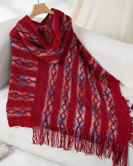 Fringe Contrast Hooded Poncho Rust One Size