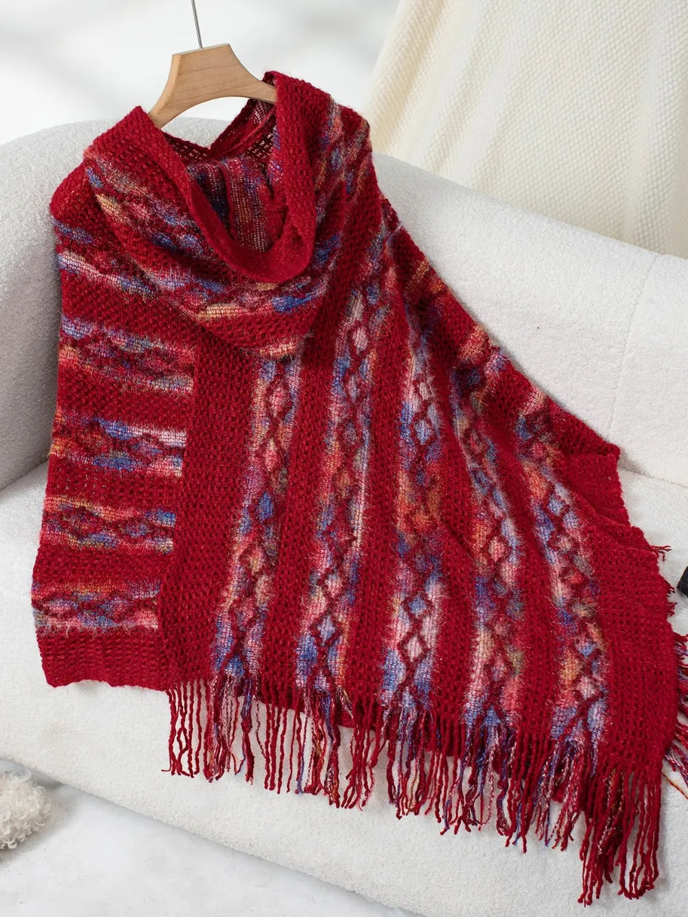 Fringe Contrast Hooded Poncho Rust One Size