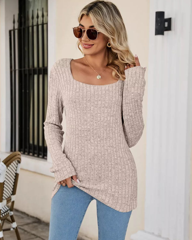Ribbed Square Neck Long Sleeve T-Shirt Dust Storm