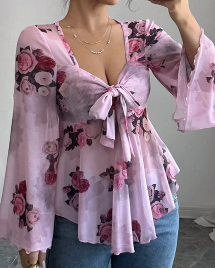 Floral Print Tie Front Flare Sleeve Blouse