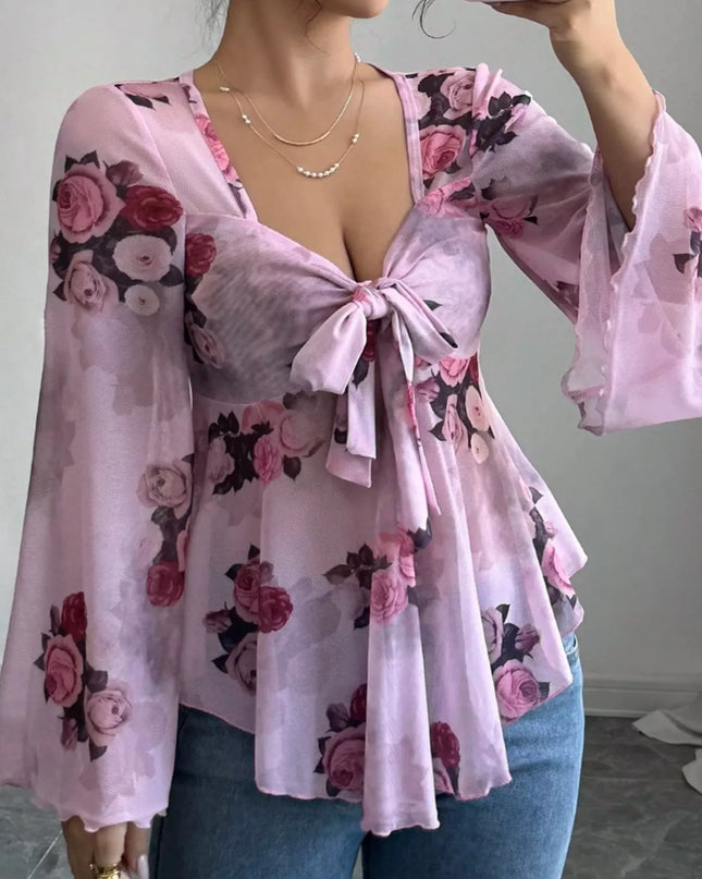 Floral Print Tie Front Flare Sleeve Blouse