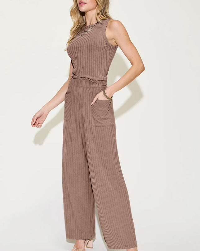 Basic Bae Full Size Ribbed Tank and Wide Leg Pants Set