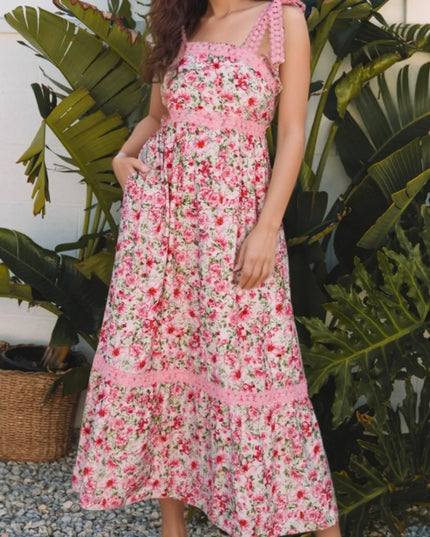 Floral Lace Tied Strap Square Neck Dress with Pockets 