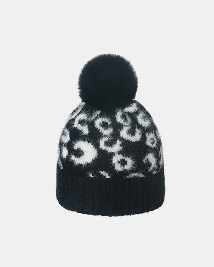 Leopard Hat with Pompom Black One Size