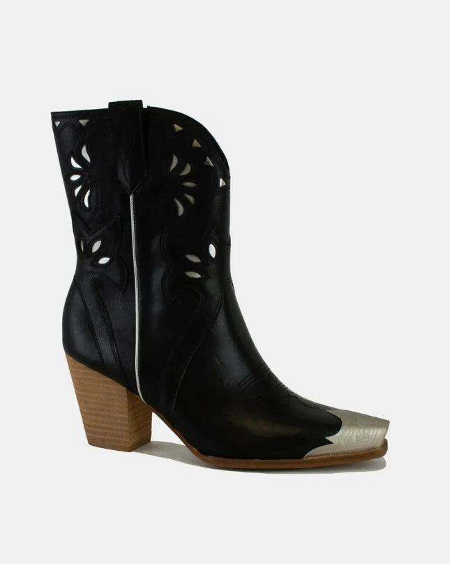 Beast Fashion Cut-Out Floral Embroidery Boots Black