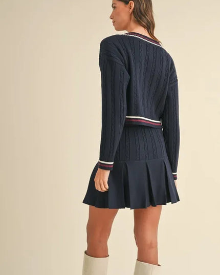 MABLE Cable-Knit Top and Pleated Skirt Sweater Set
