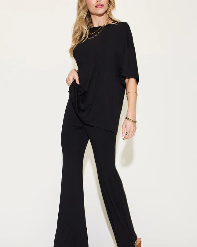 Basic Bae Full Size Bamboo Drop Shoulder T-Shirt and Flare Pants Set